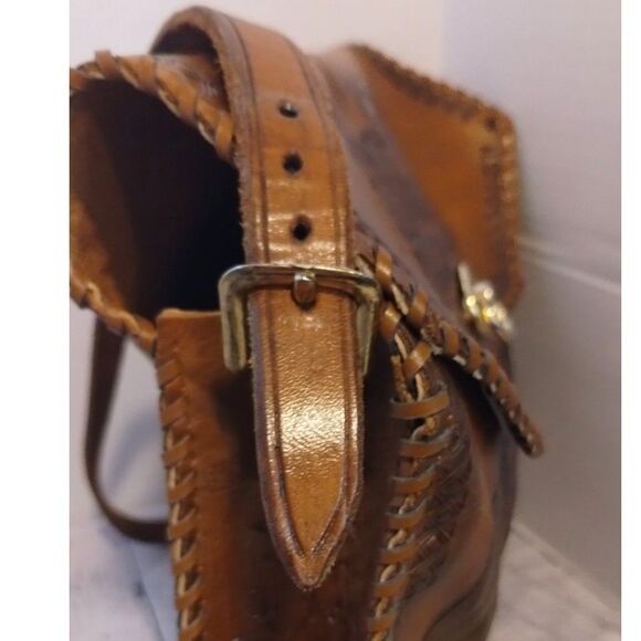 Vintage BOHO Handcrafted Stitched Tooled Leather Saddlebag Purse Floral Design - Picture 5 of 10